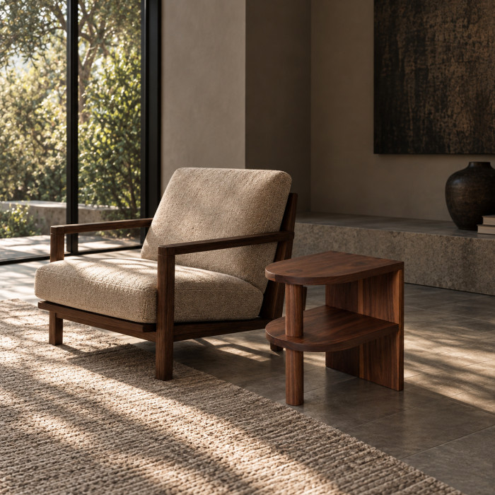 Curved Walnut Pillar End Table. WCFP1