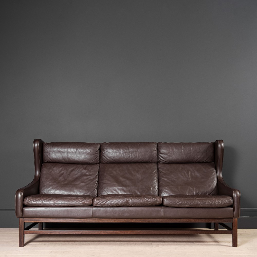 Danish Leather 3 Seater Wing-Back Sofa 
